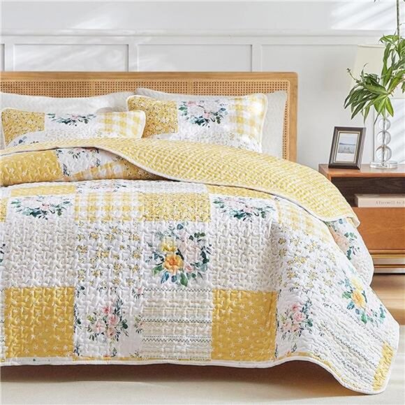 3 Pieces Floral Patchwork Quilt Set Queen, Yellow n White Flowers - Picture 3 of 8